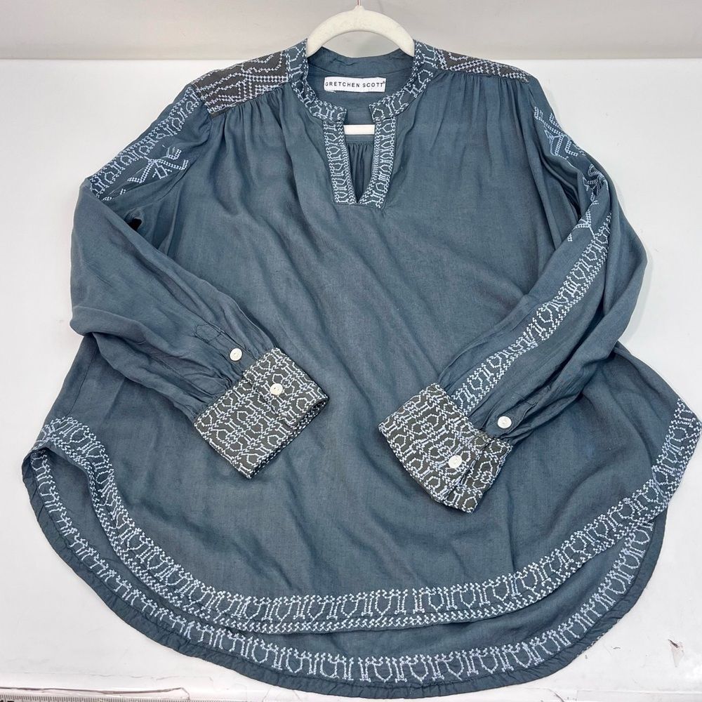 Gretchen Scott Embroidered Tunic Top Grey Blue Boho Long Sleeve Size Large